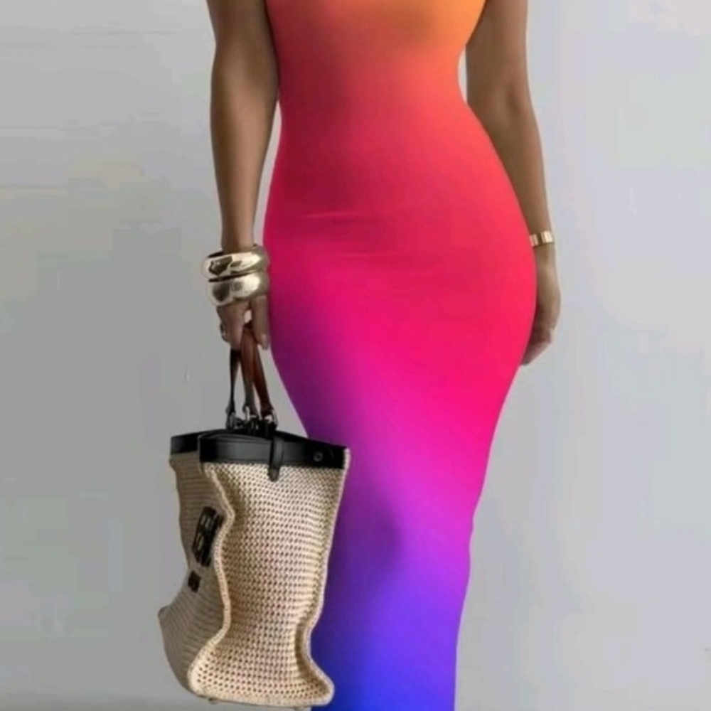 Vibrant Ombre Bodycon Maxi Dress — Sunset Gradient - Picture 2 of 2